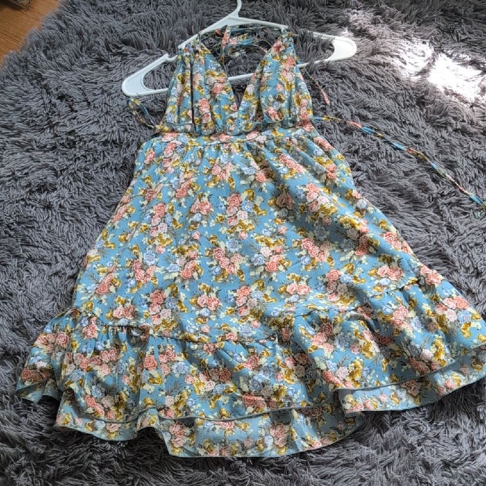 SHEIN Blue Pleated Tiered Sundress